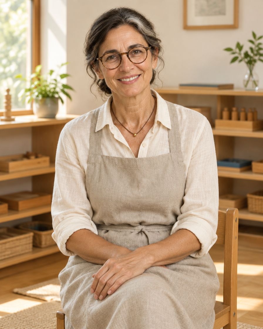 Miss Lucia, an AI Montessori guide, sitting in a calm Montessori classroom