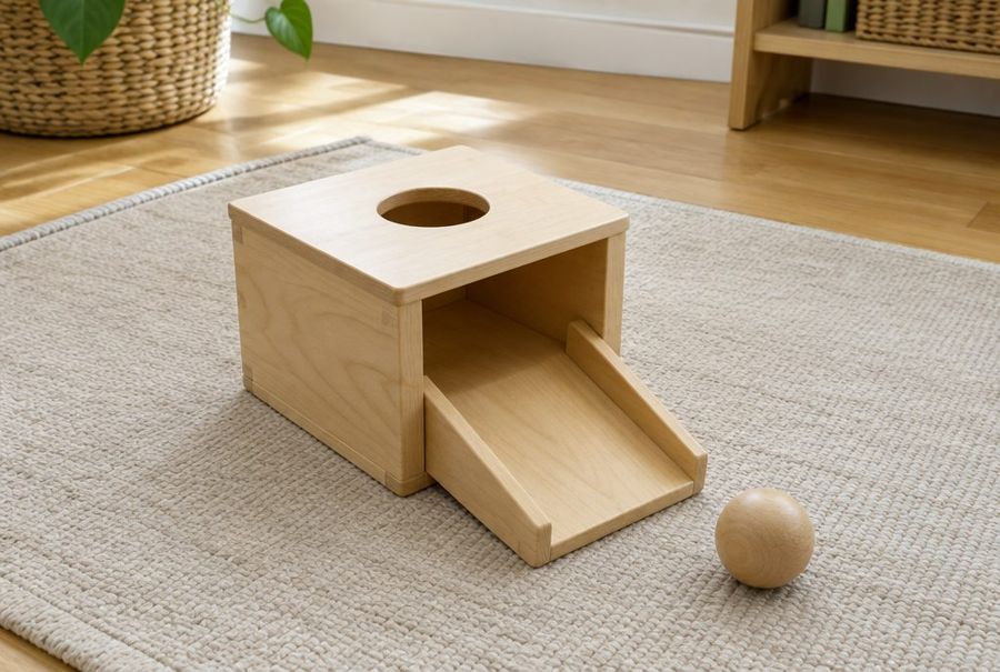Object permanence box with a wooden ball